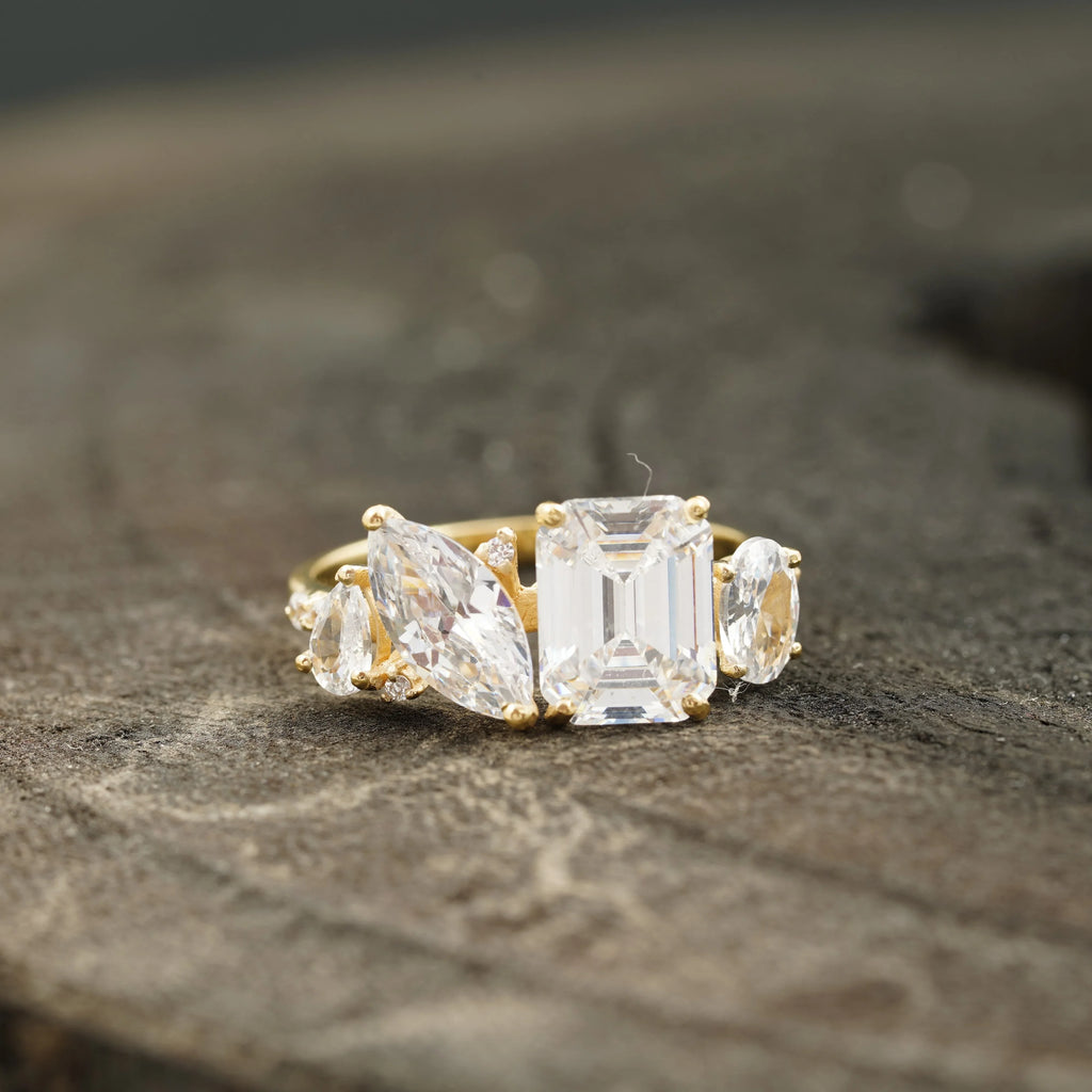 Cluster Moissanite Engagement Ring Emerald and Marquise Cut Ring - Gigiscc