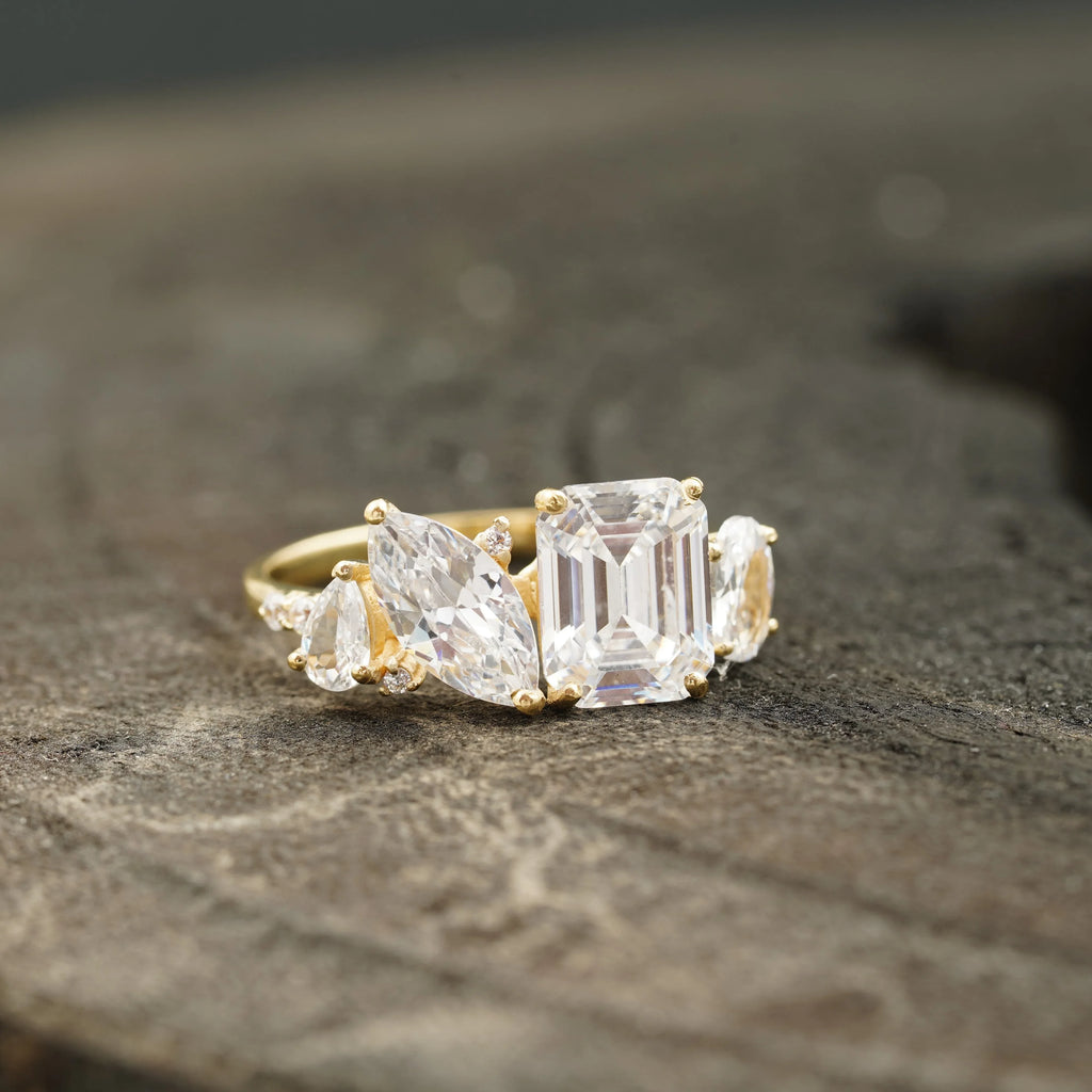 Cluster Moissanite Engagement Ring Emerald and Marquise Cut Ring - Gigiscc
