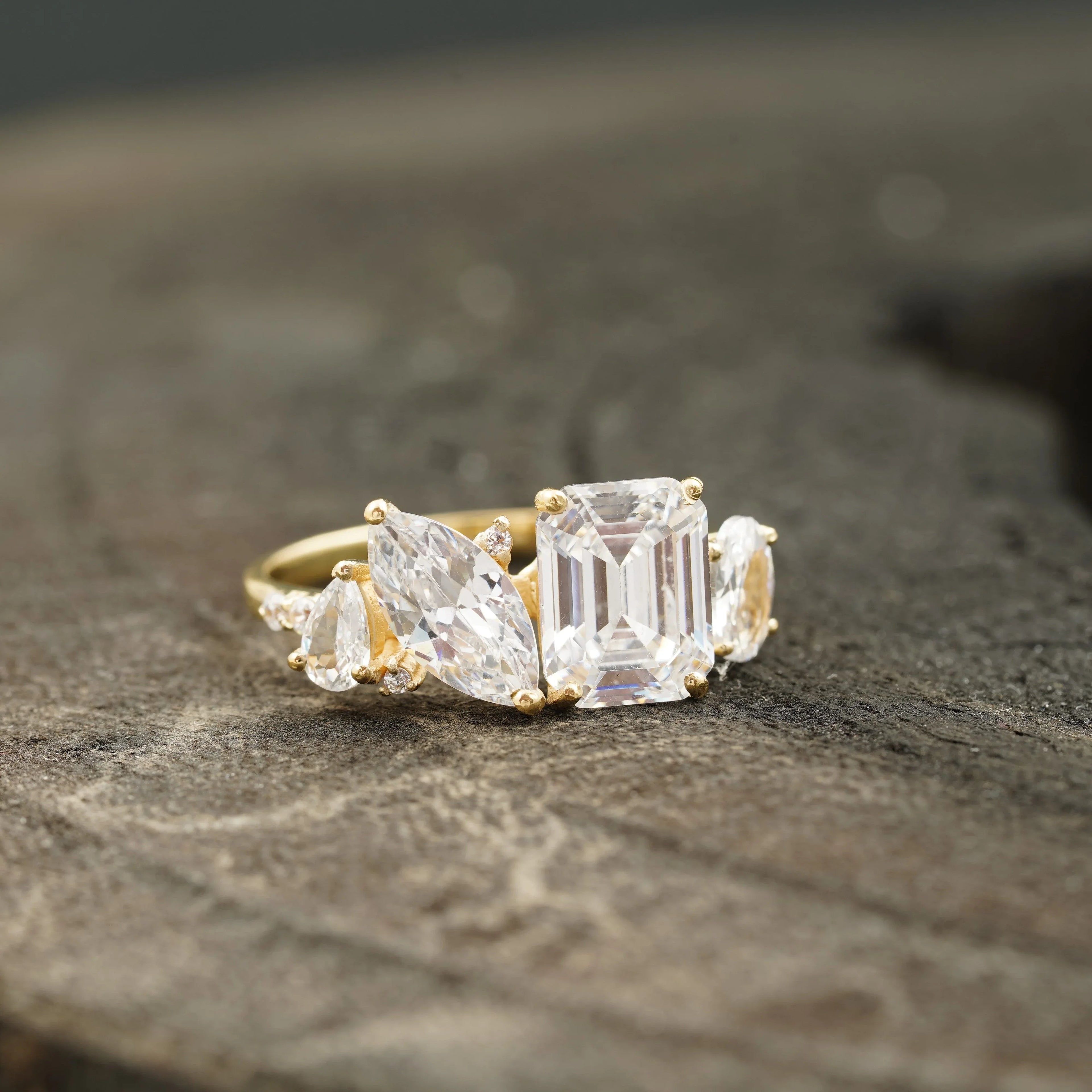 Cluster Moissanite Engagement Ring Emerald and Marquise Cut Ring - Gigiscc
