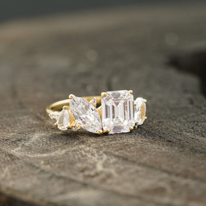 Cluster Moissanite Engagement Ring Emerald and Marquise Cut Ring