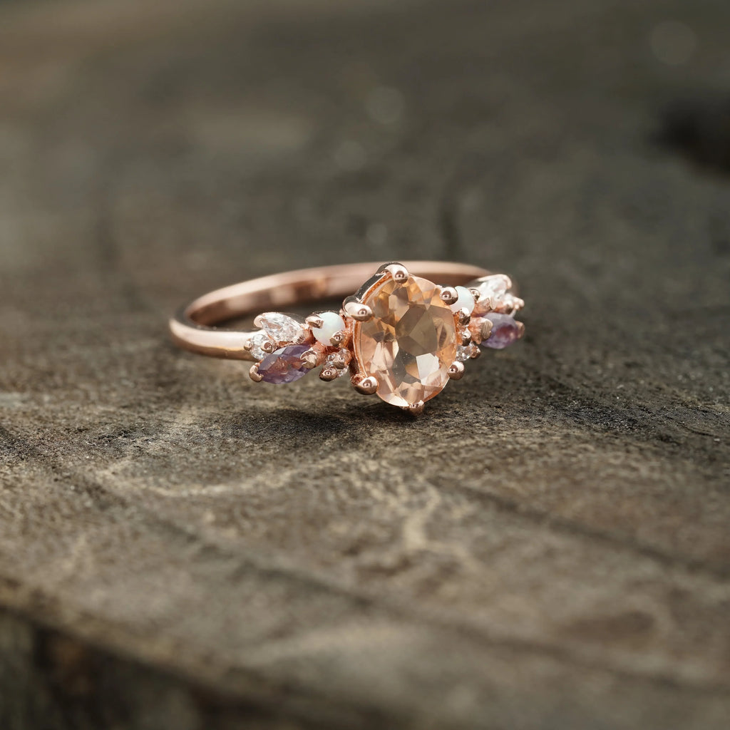 Oval Cut Morganite Gemstone Sterling Silver Engagement Ring - Gigiscc
