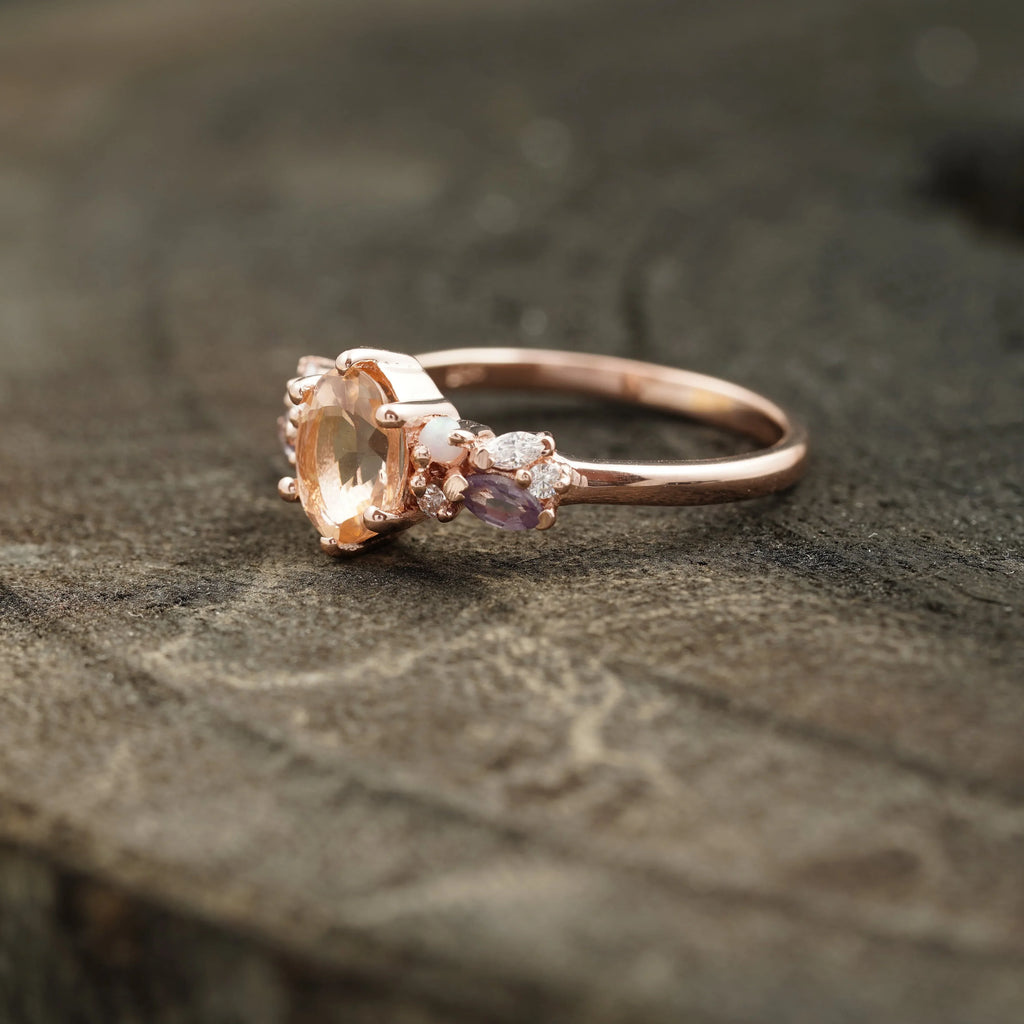Oval Cut Morganite Gemstone Sterling Silver Engagement Ring - Gigiscc