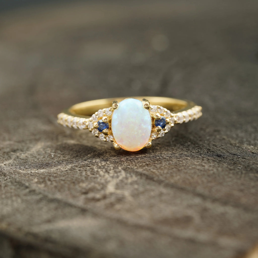 Opal & Sapphire halo Diamond Engagement Ring - Gigiscc