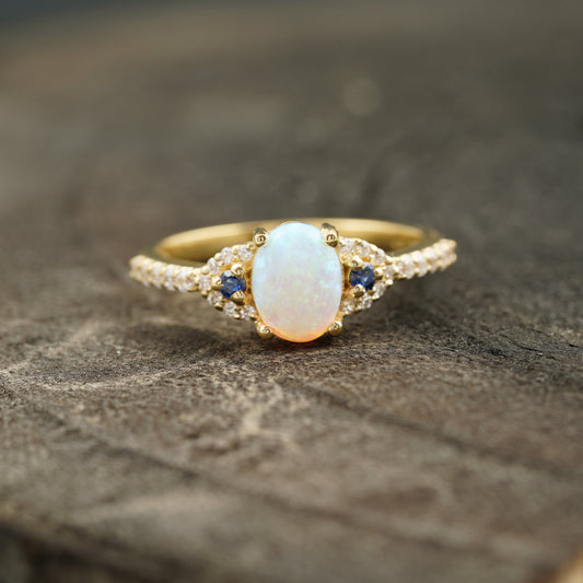 Opal & Sapphire halo Diamond Engagement Ring