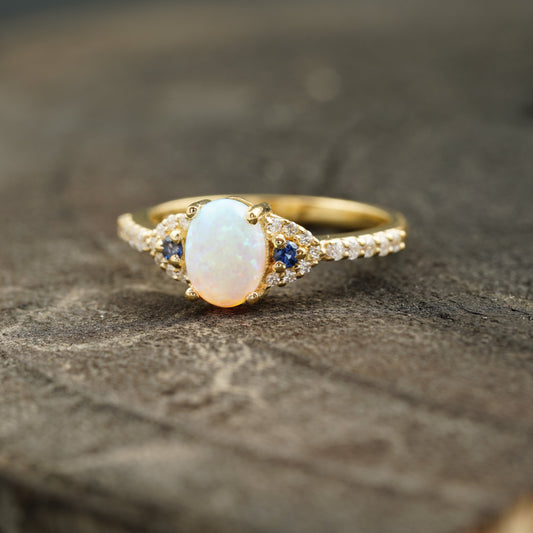 Opal & Sapphire halo Diamond Engagement Ring Left Angle