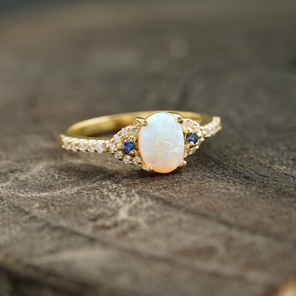 Opal & Sapphire halo Diamond Engagement Ring Right Angle