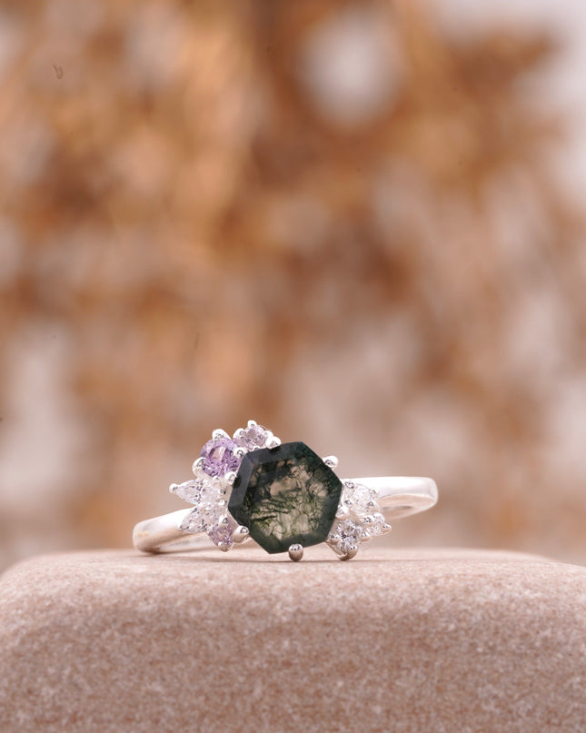 Hexagon Cut Moss Agate Cluster Art Deco Ring