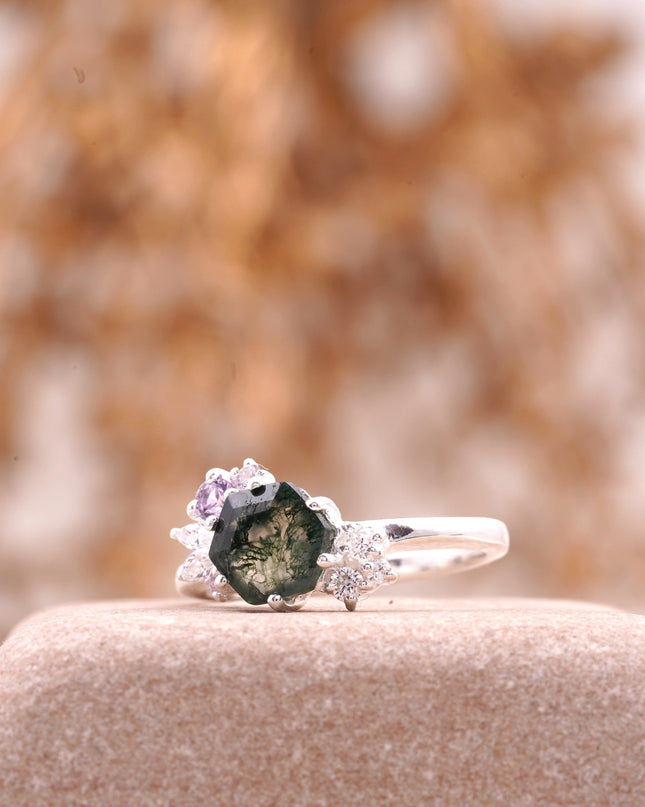 Hexagon Cut Moss Agate Cluster Art Deco Ring