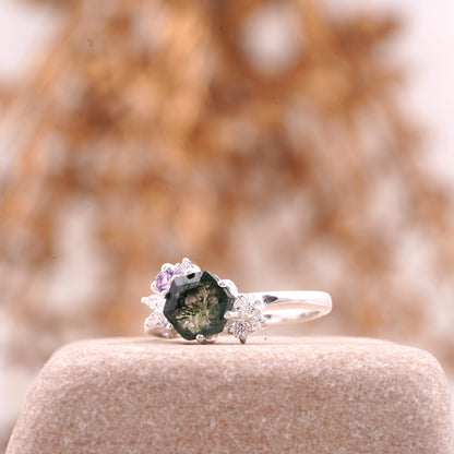 Hexagon Cut Moss Agate Cluster Art Deco Ring