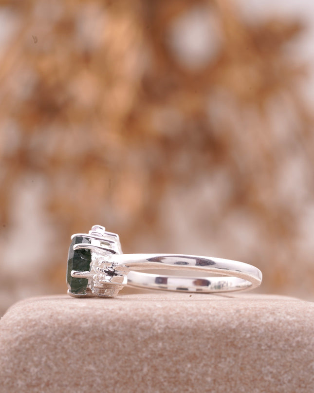 Hexagon Cut Moss Agate Cluster Art Deco Ring