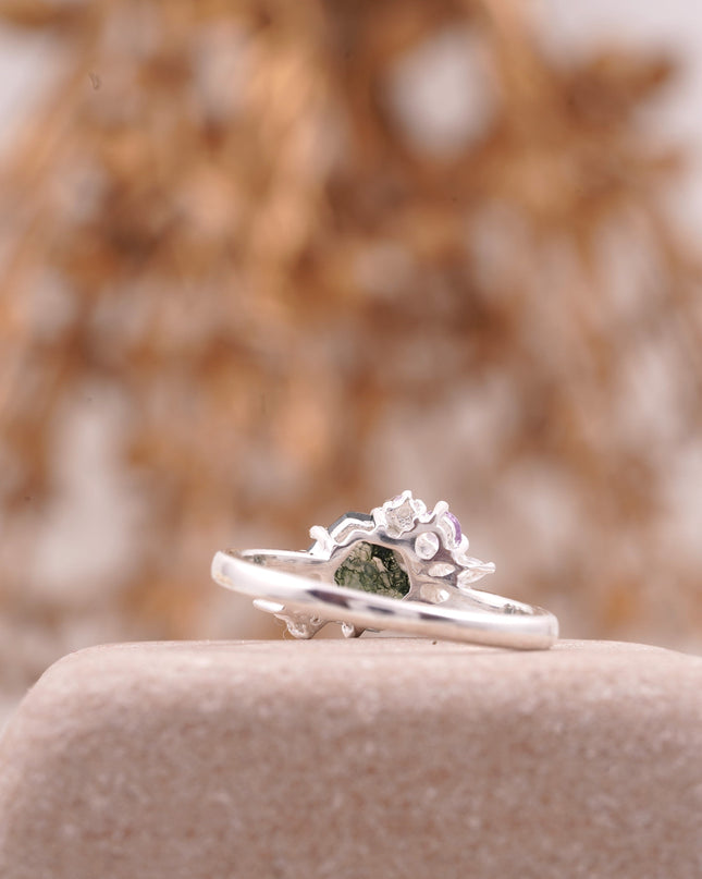 Hexagon Cut Moss Agate Cluster Art Deco Ring