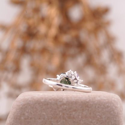 Hexagon Cut Moss Agate Cluster Art Deco Ring