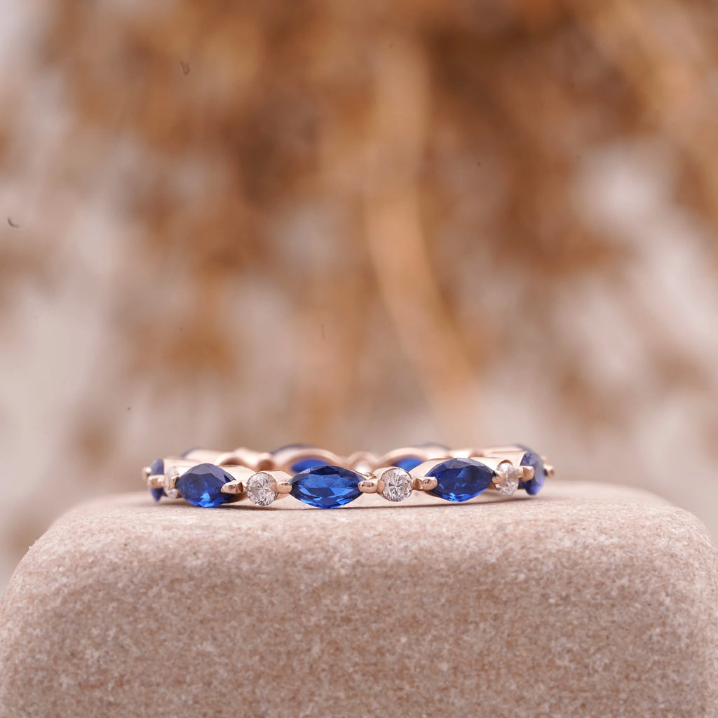 Marquise Cut Blue Sapphire Wedding Band Women - Gigiscc
