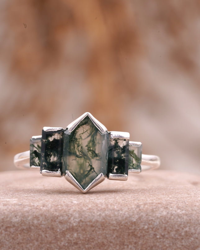 Bezel Set Moss Agate Hexagon Engagement Ring 