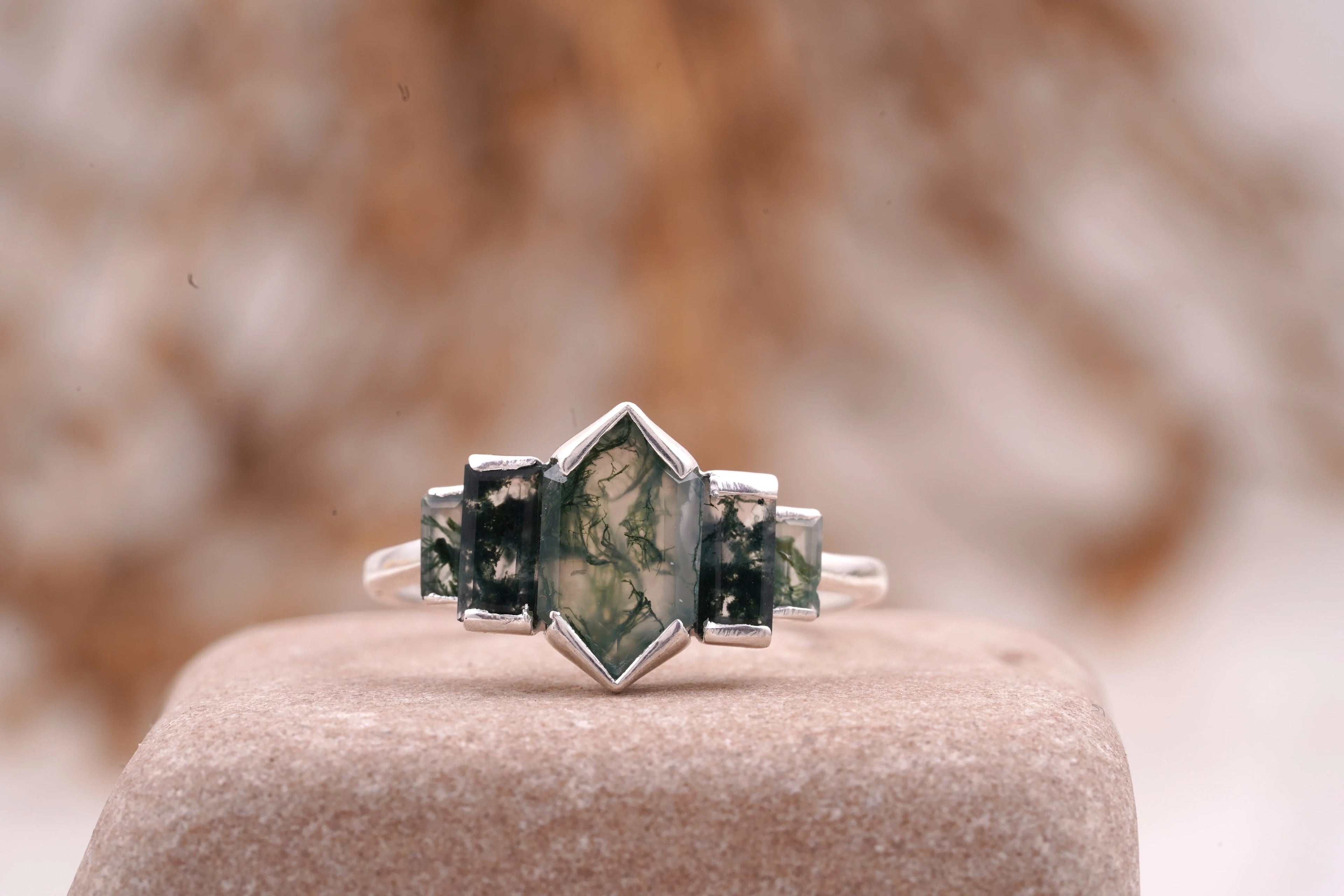 Bezel Set Moss Agate Hexagon Engagement Ring - Gigiscc