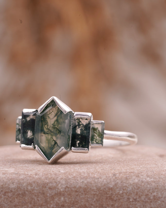 Bezel Set Moss Agate Hexagon Engagement Ring  Left Angle
