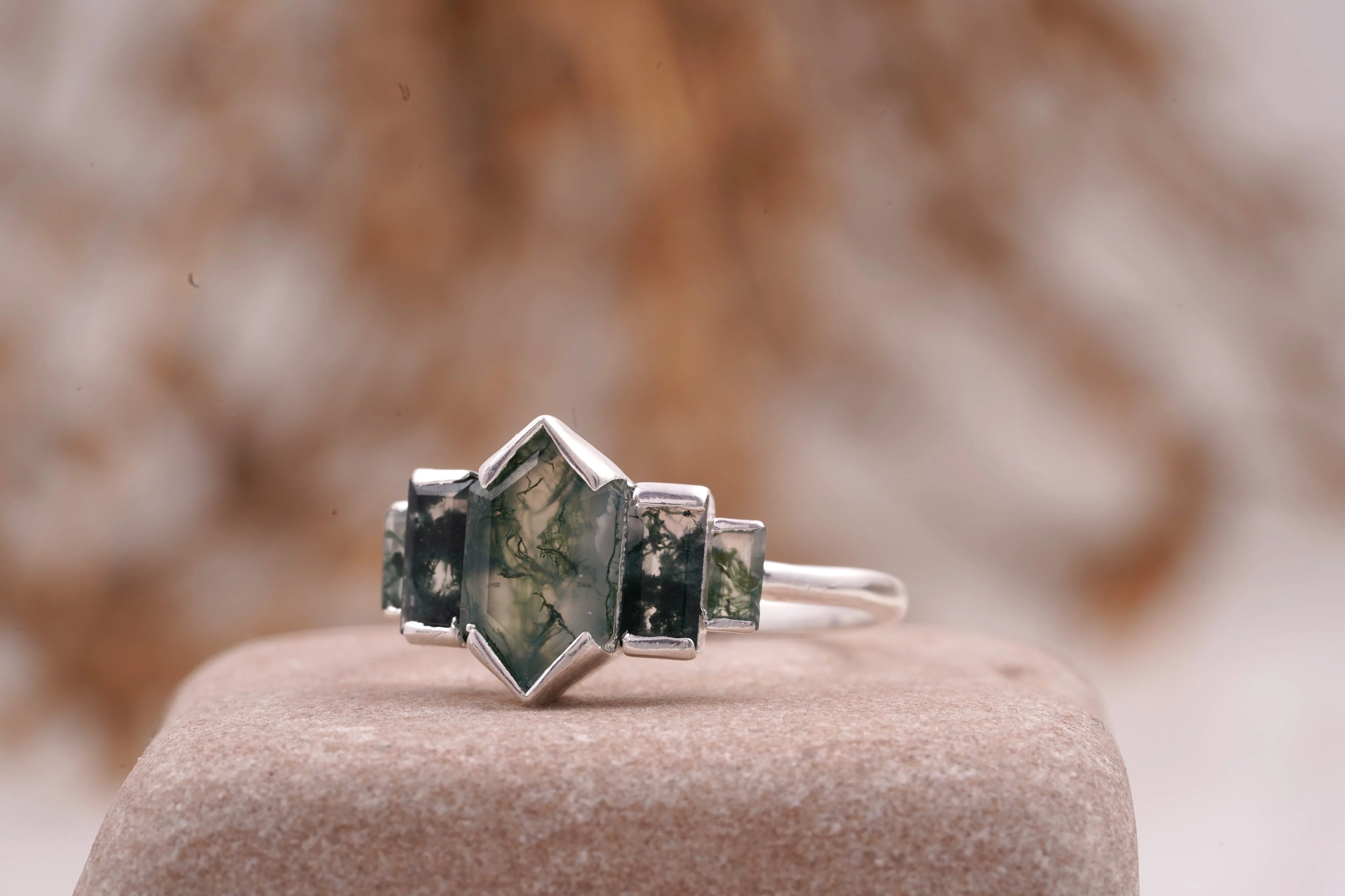 Bezel Set Moss Agate Hexagon Engagement Ring - Gigiscc