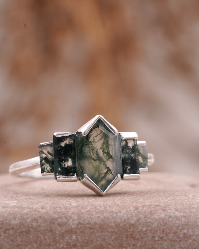 Bezel Set Moss Agate Hexagon Engagement Ring  Right Angle
