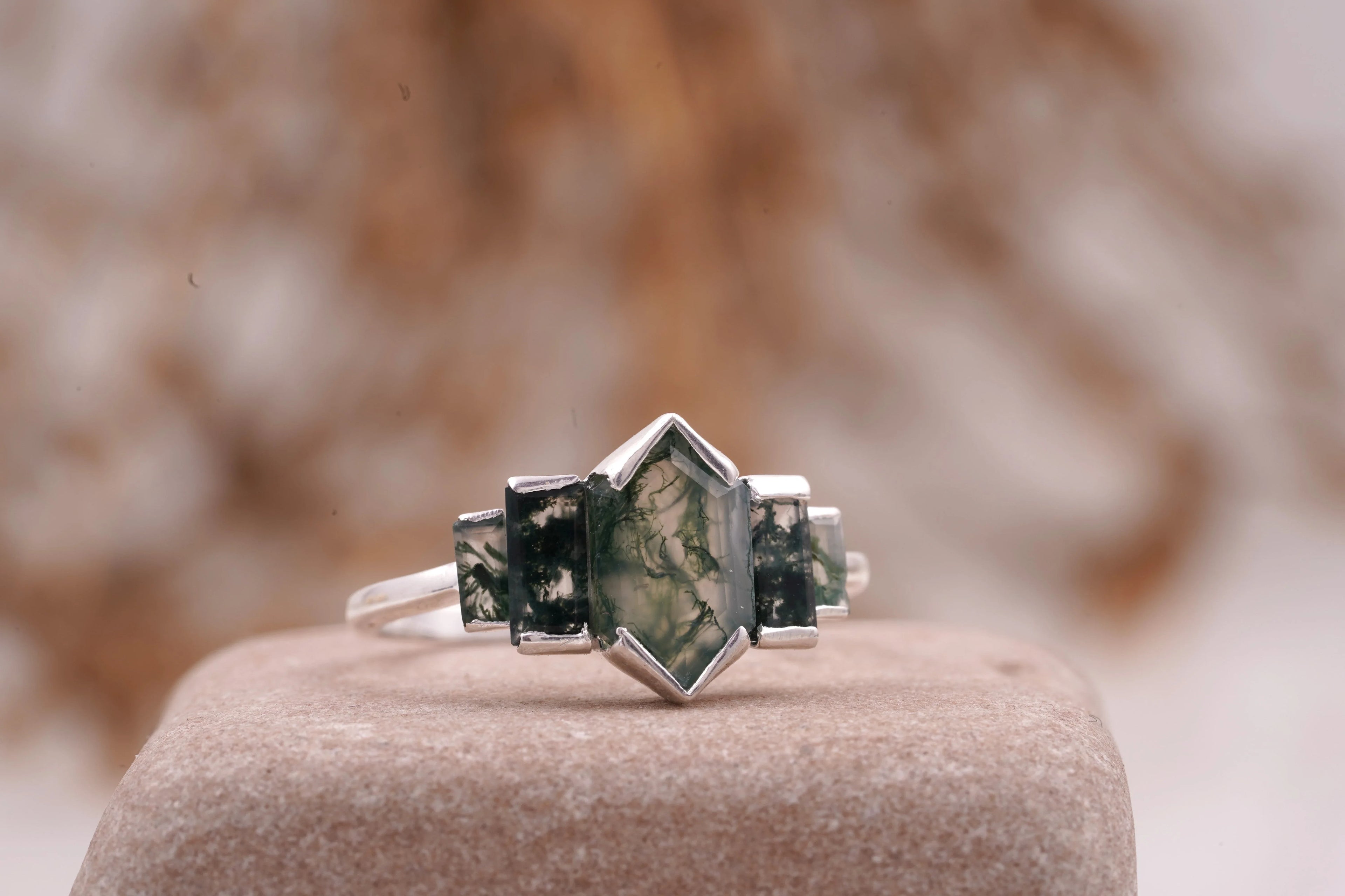 Bezel Set Moss Agate Hexagon Engagement Ring - Gigiscc