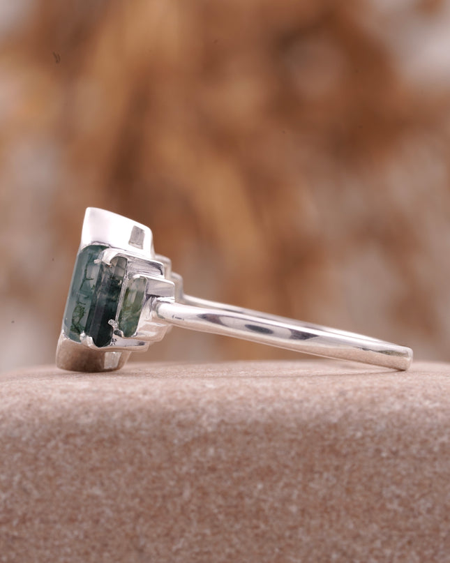 Bezel Set Moss Agate Hexagon Engagement Ring  SIde Position
