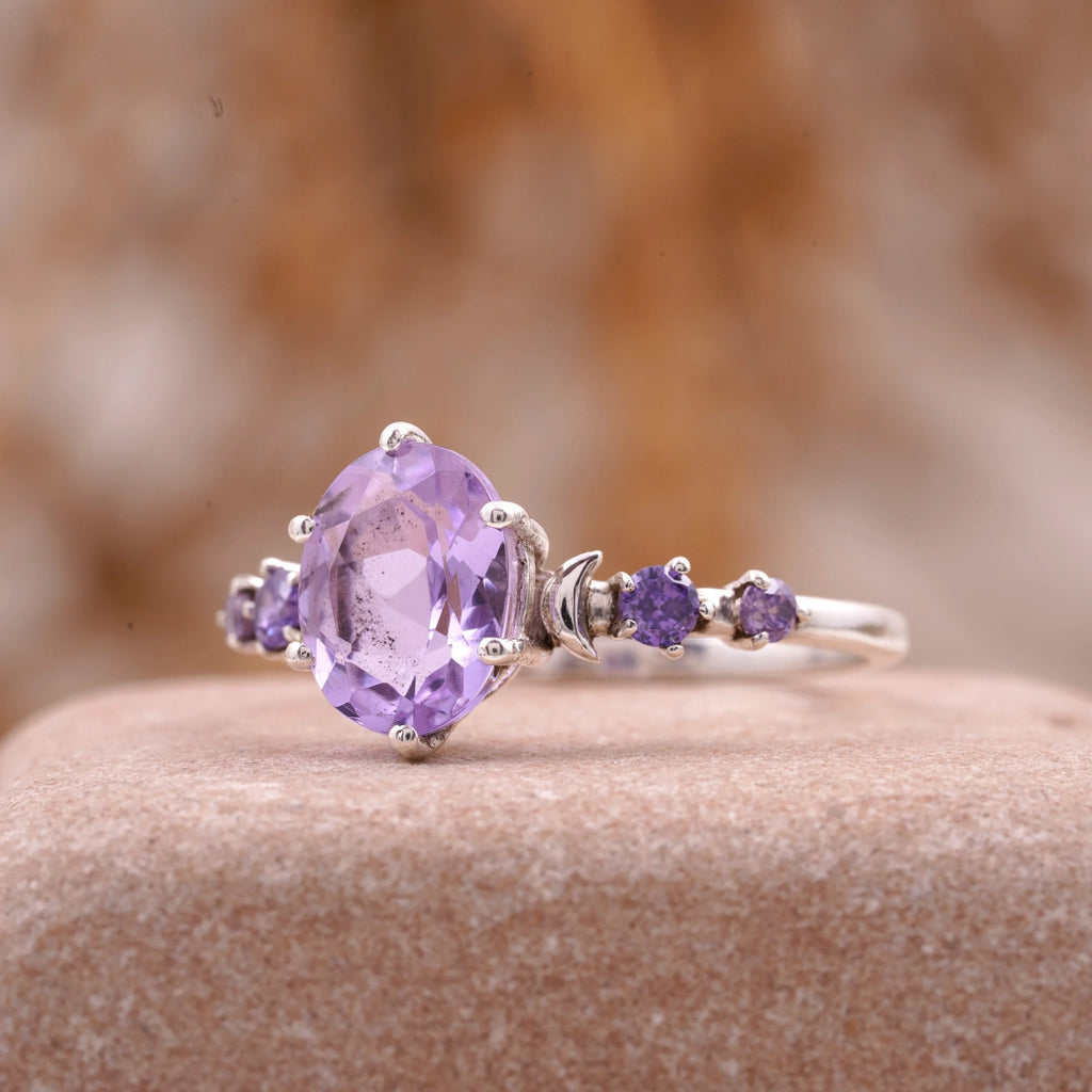 Lavender Amethyst Celestial Moon Design Engagement Ring Women - Gigiscc