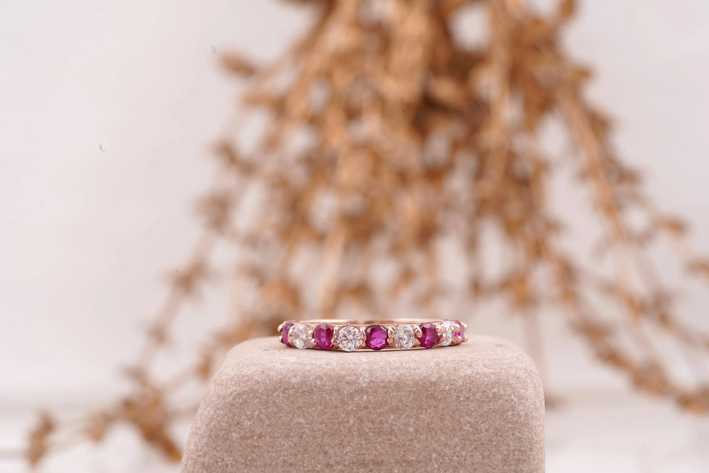 Ruby And Diamond 14k Rose Gold Stacking Wedding Band Women - Gigiscc