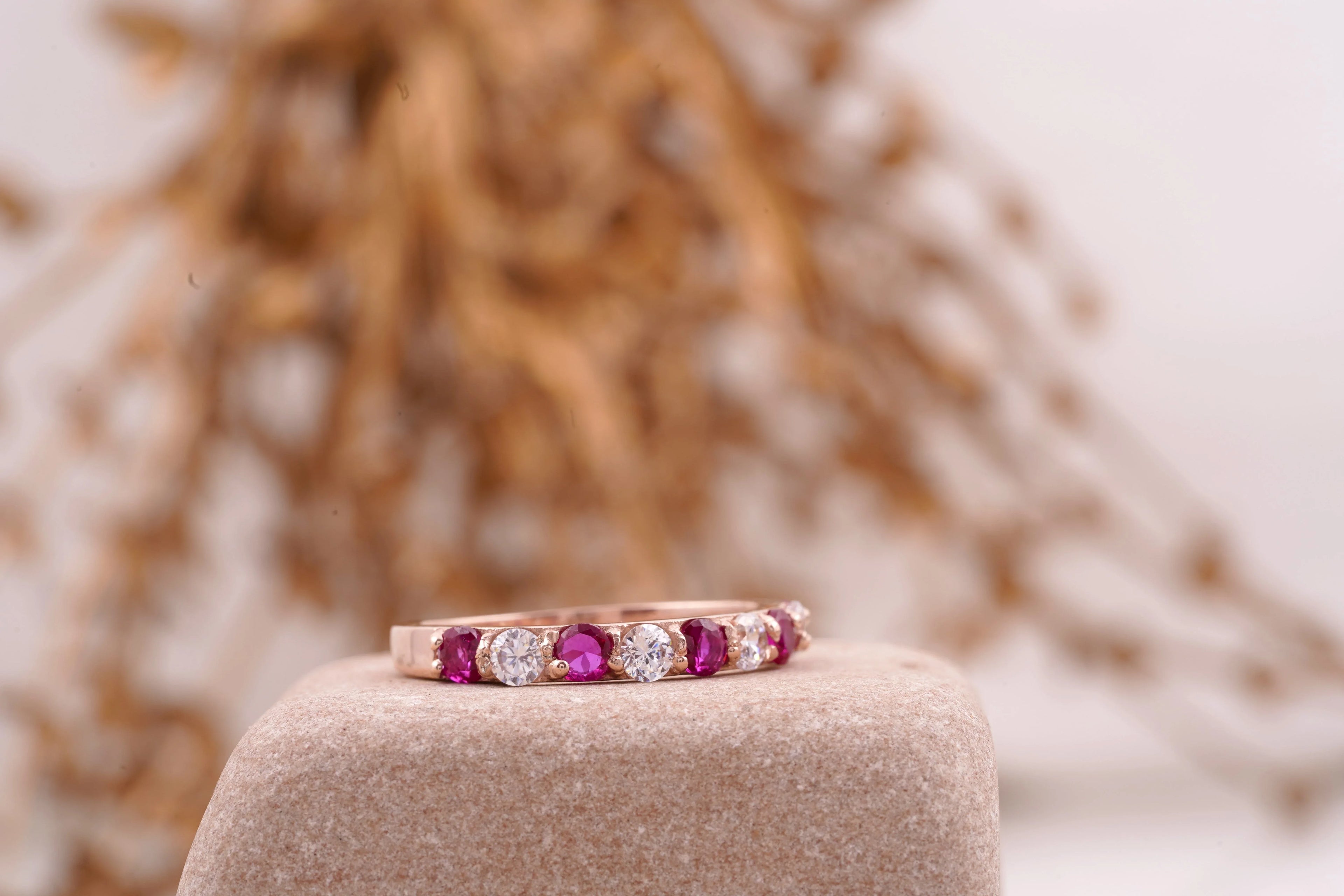 Ruby And Diamond 14k Rose Gold Stacking Wedding Band Women - Gigiscc