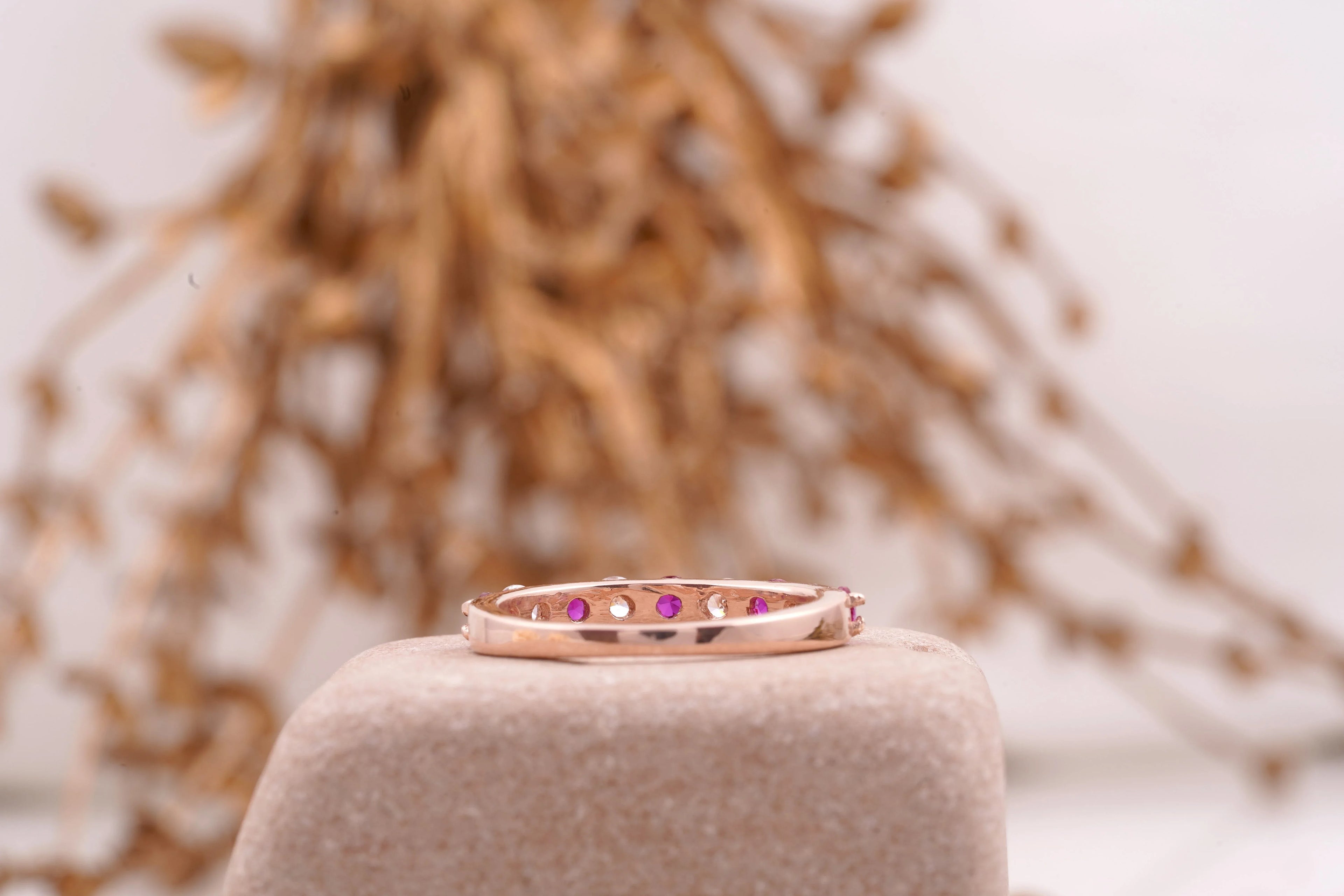 Ruby And Diamond 14k Rose Gold Stacking Wedding Band Women - Gigiscc