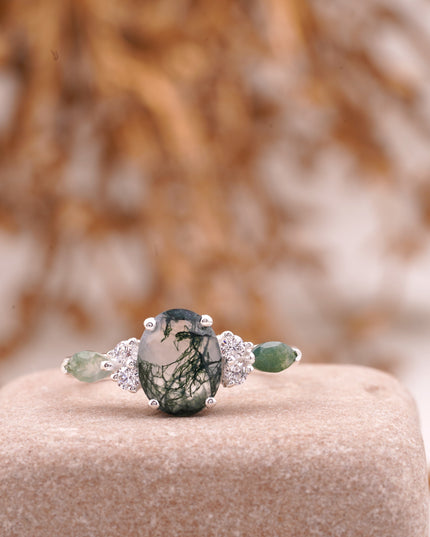 Moss Agate Oval Cut Silver Engagement Ring