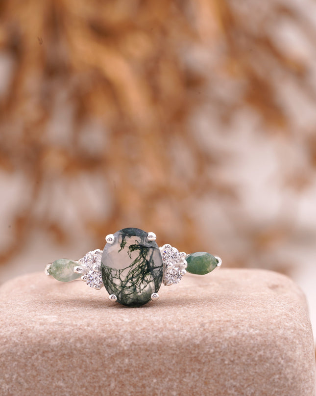 Moss Agate Oval Cut Silver Engagement Ring