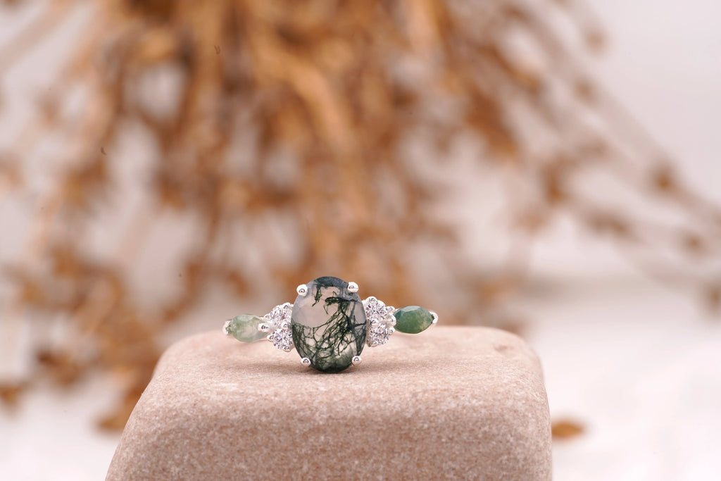 Moss Agate Oval Cut Silver Engagement Ring - Gigiscc