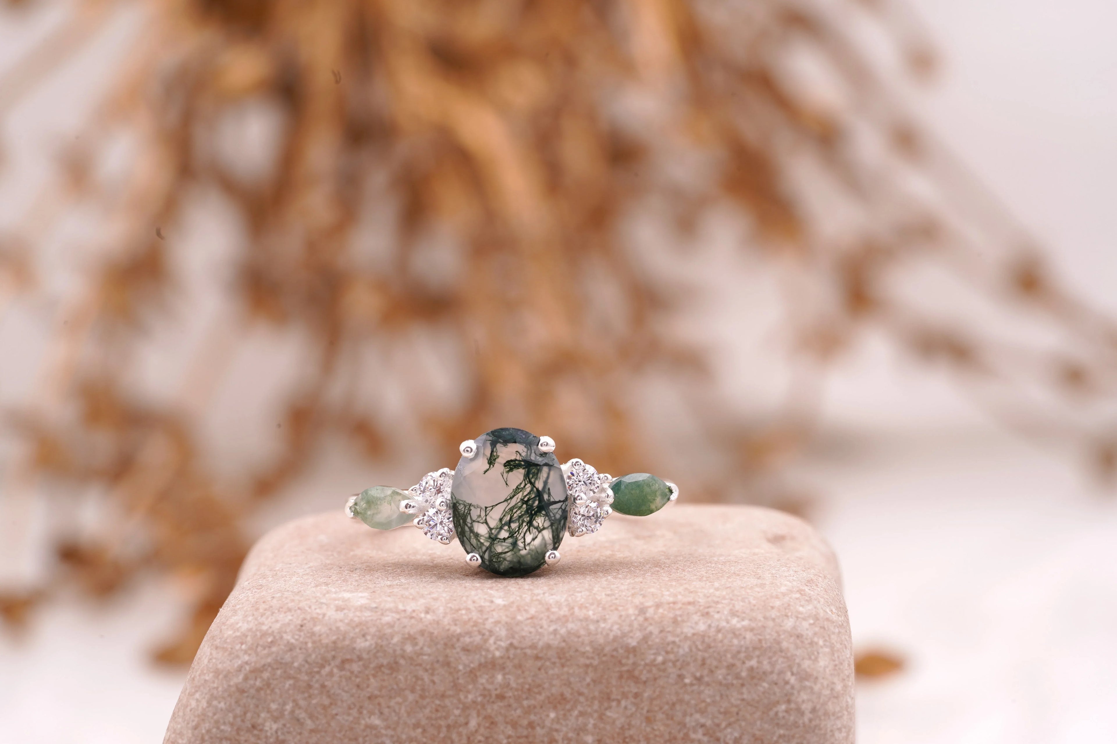 Moss Agate Oval Cut Silver Engagement Ring - Gigiscc