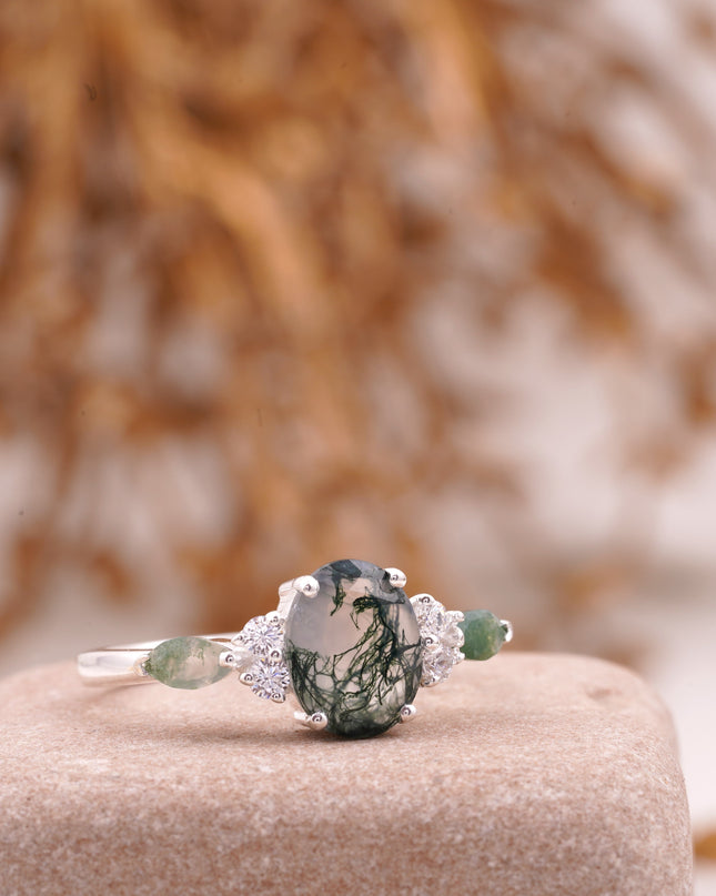 Moss Agate Oval Cut Silver Engagement Ring Right Angle