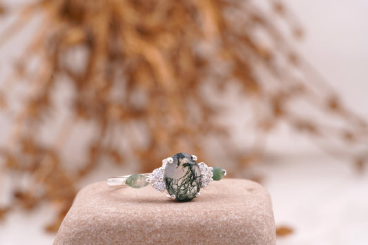 Moss Agate Oval Cut Silver Engagement Ring Right Angle