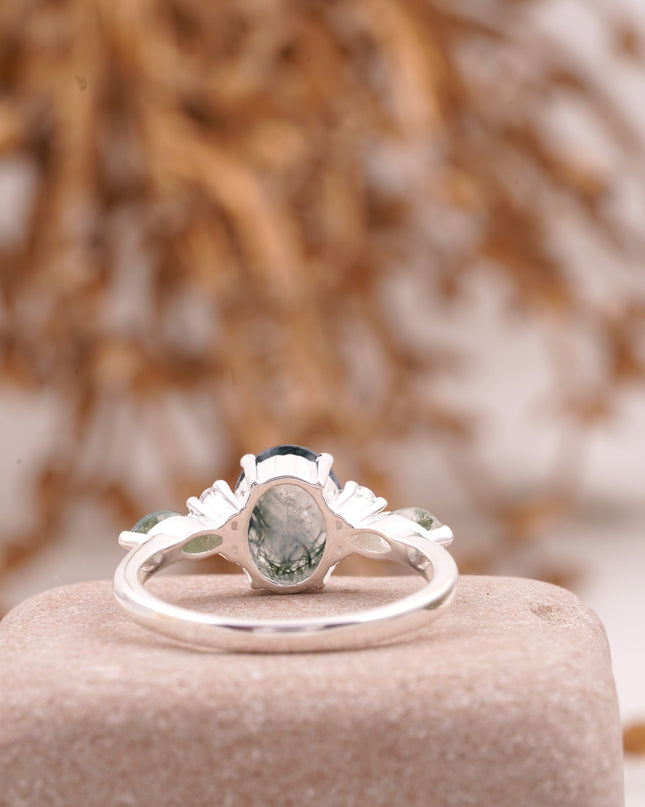 Moss Agate Oval Cut Silver Engagement Ring Back Side