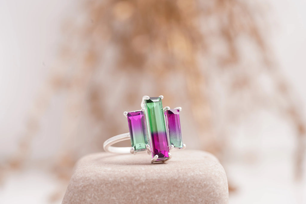 Watermelon Tourmaline Baguette Cocktail Ring - Gigiscc