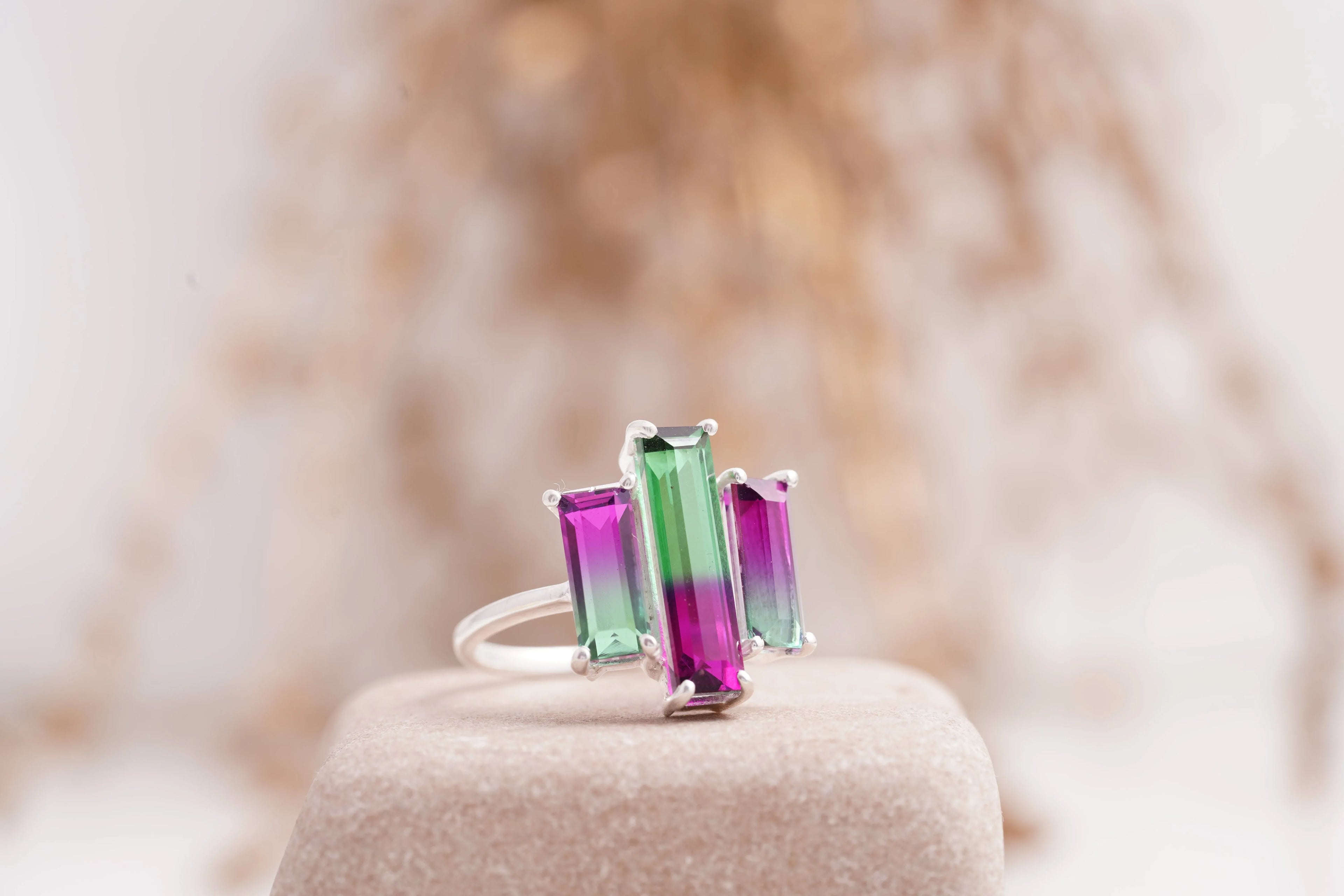 Watermelon Tourmaline Baguette Cocktail Ring - Gigiscc