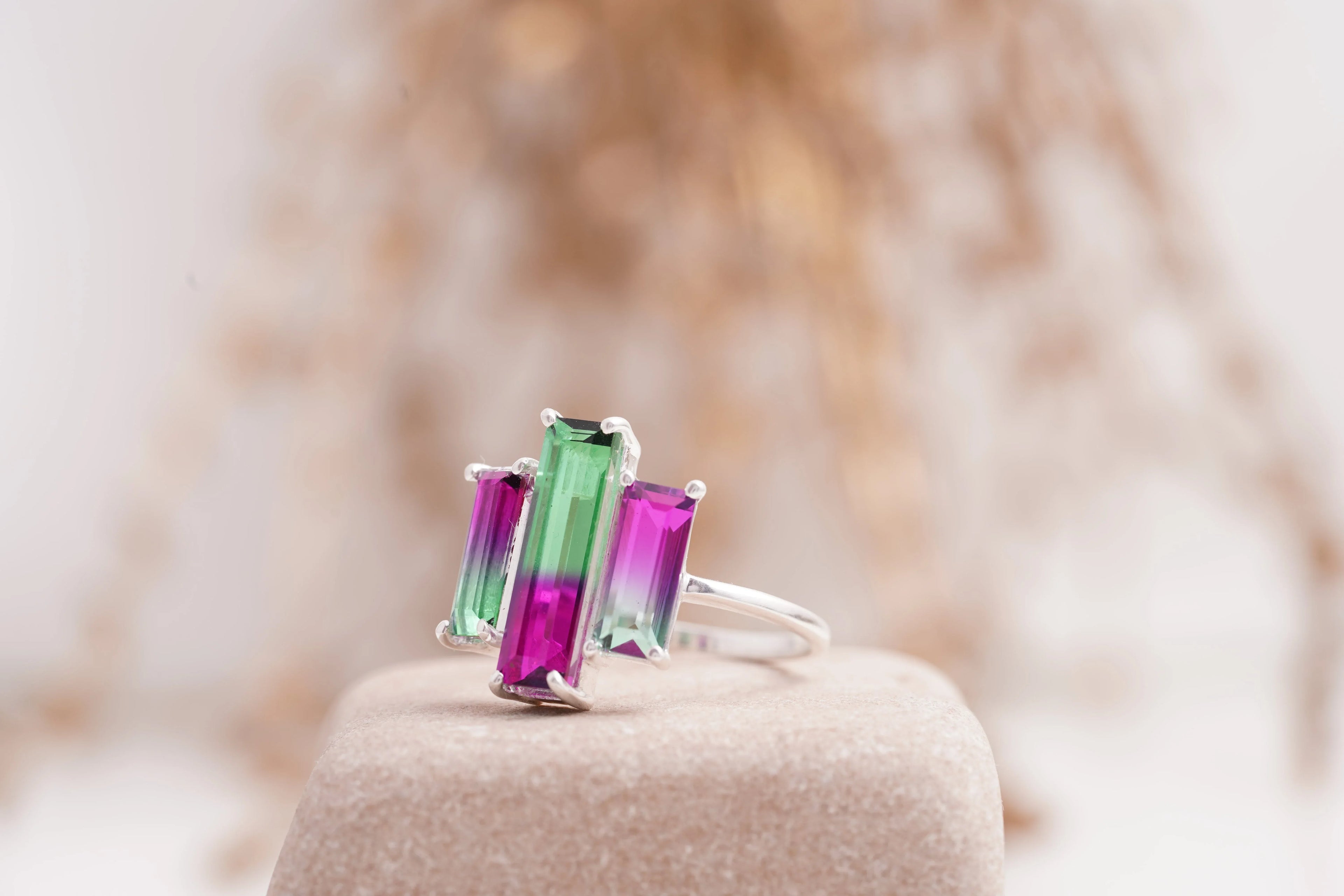 Watermelon Tourmaline Baguette Cocktail Ring - Gigiscc