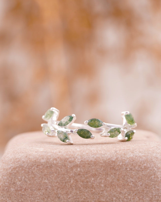 Leaf Moss Agate 925 Sterling Silver Wedding Band For Women