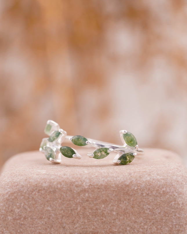 Leaf Moss Agate 925 Sterling Silver Wedding Band For Women