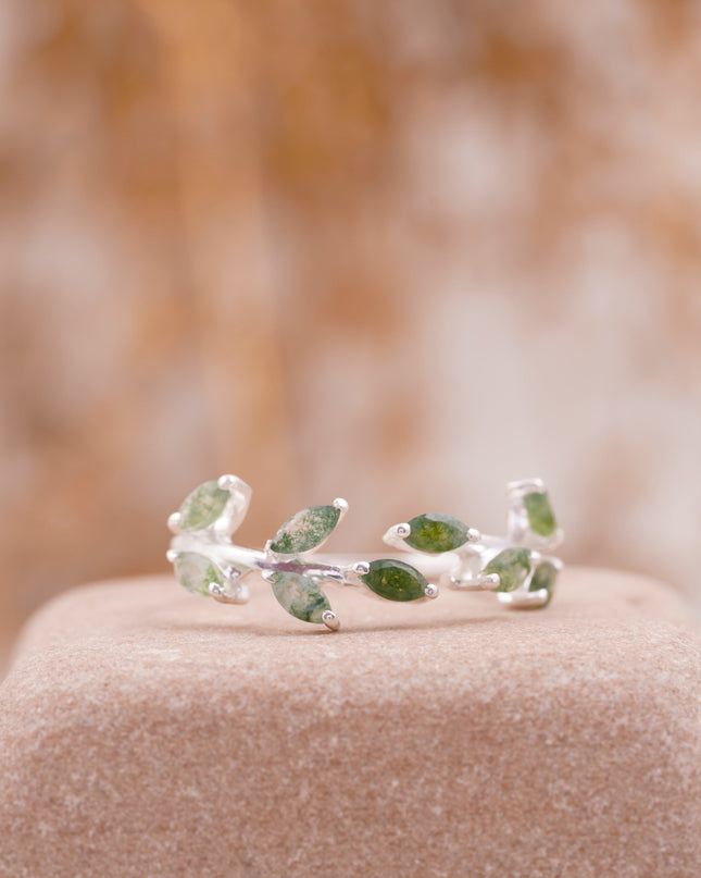 Leaf Moss Agate 925 Sterling Silver Wedding Band For Women