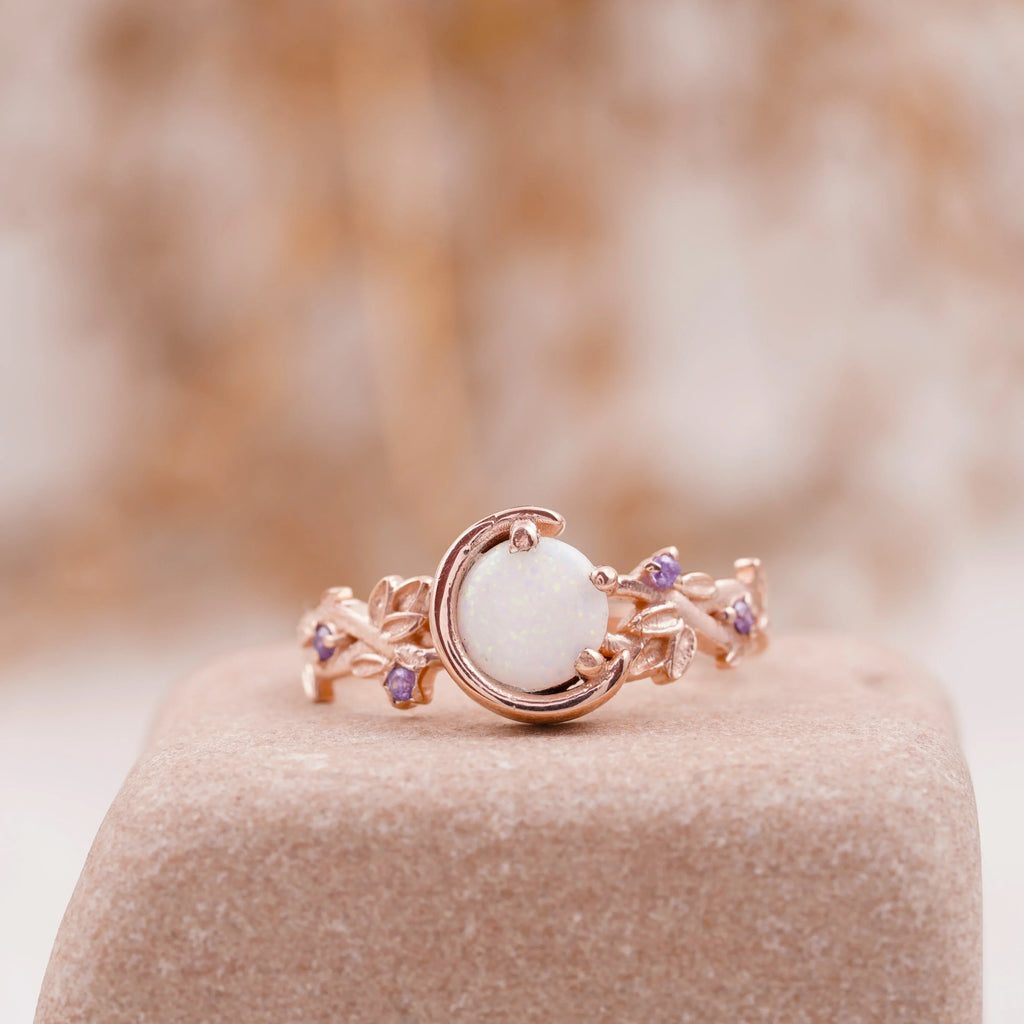 Moon Star Opal Engagement Ring with Amethyst Band - Gigiscc