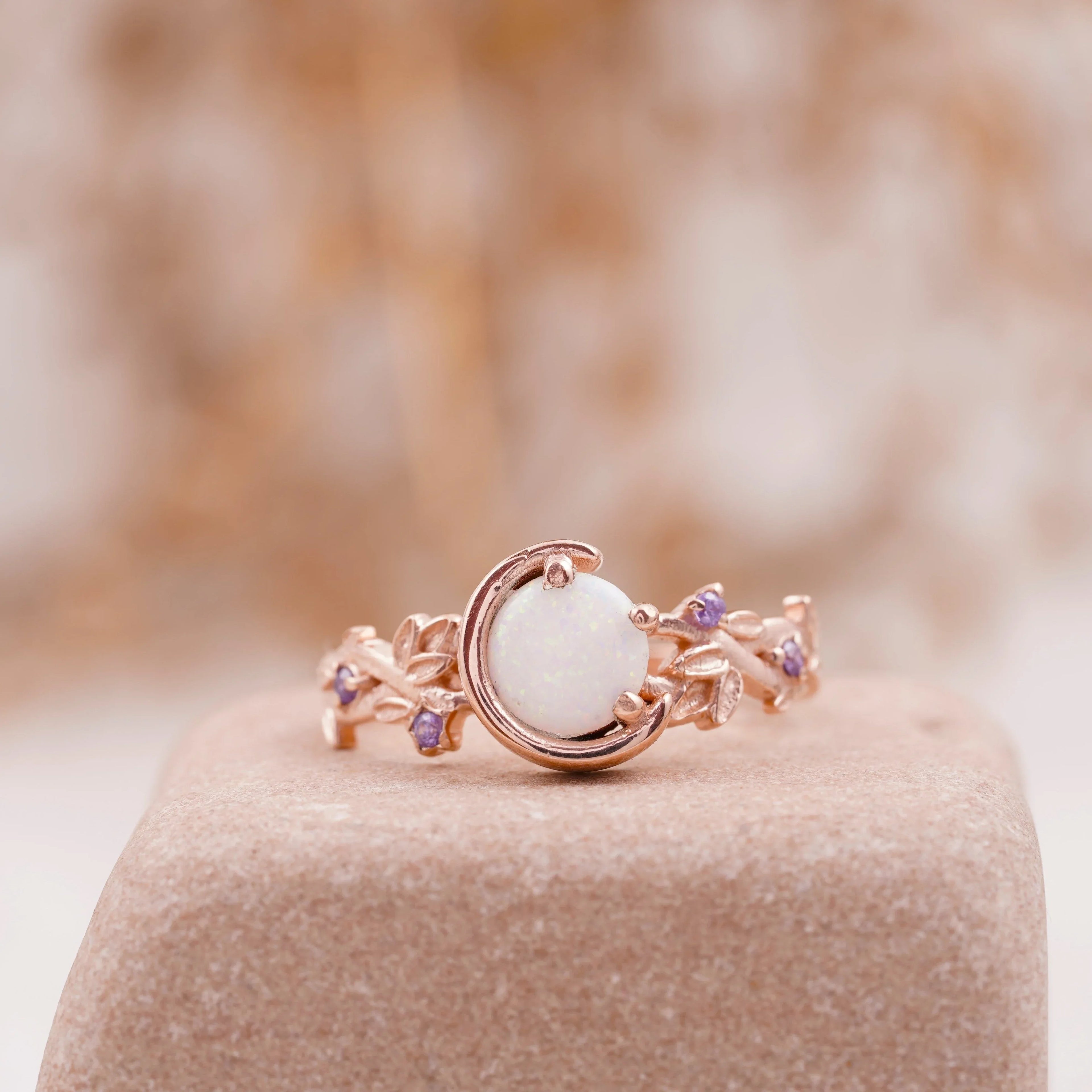 Moon Star Opal Engagement Ring with Amethyst Band - Gigiscc