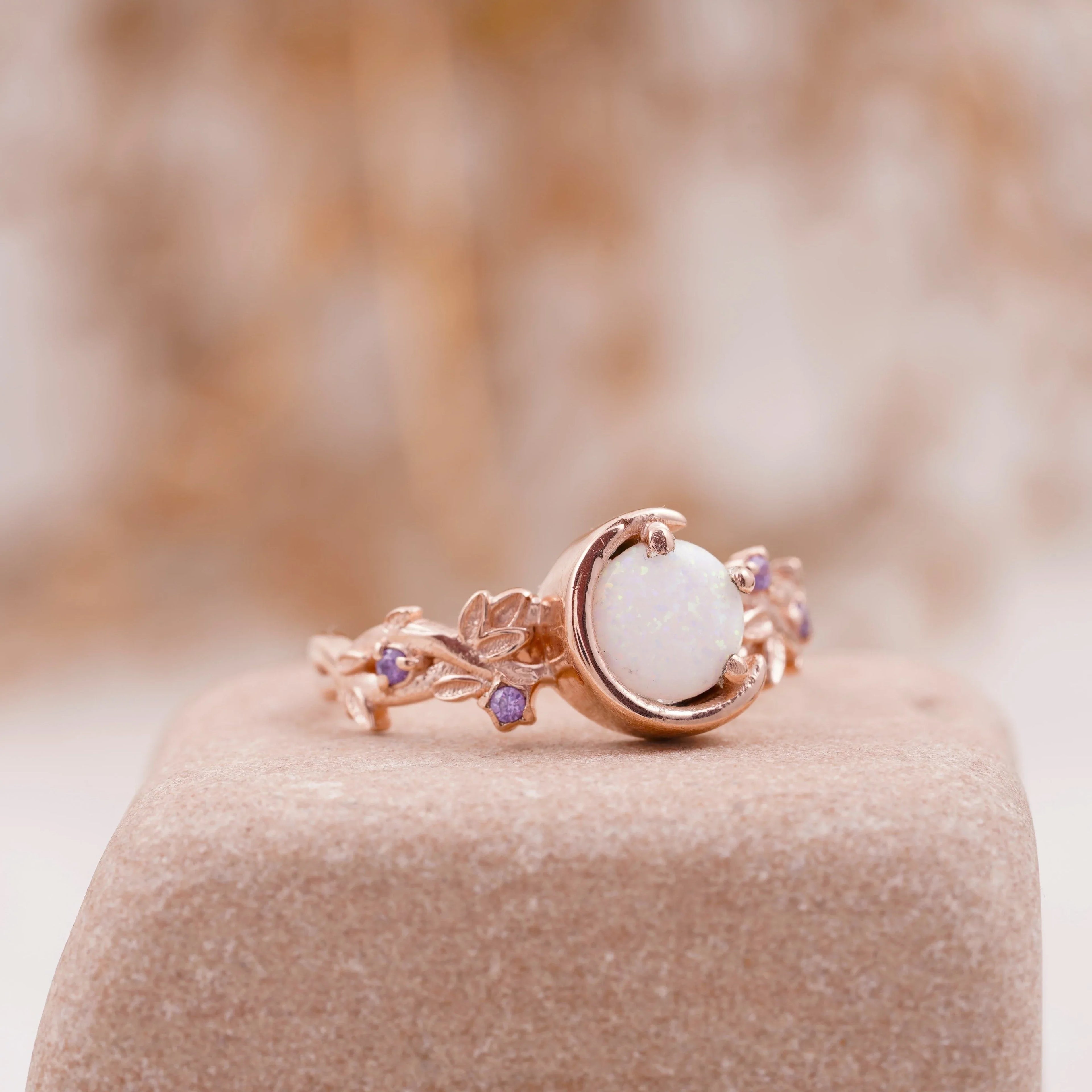 Moon Star Opal Engagement Ring with Amethyst Band - Gigiscc