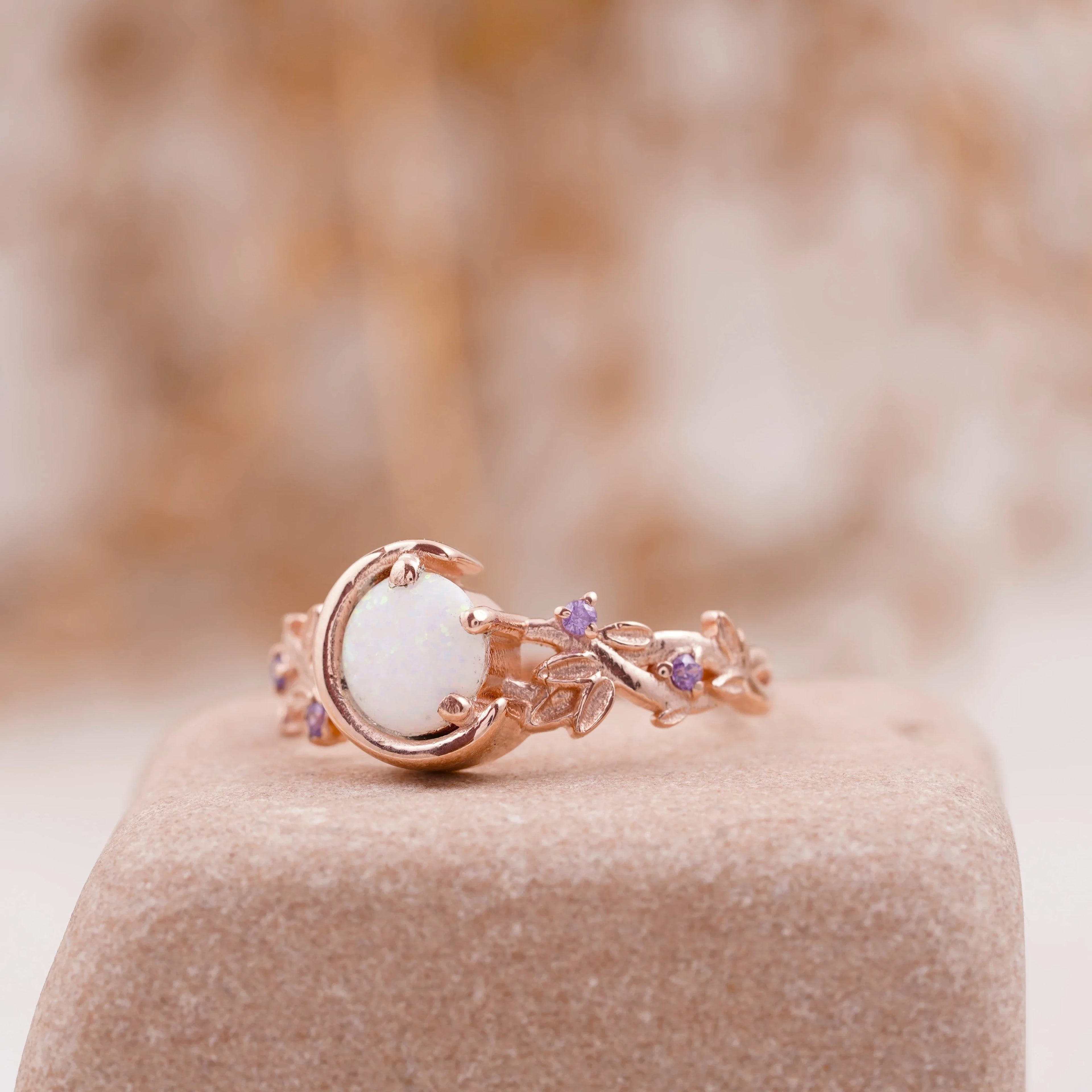 Moon Star Opal Engagement Ring with Amethyst Band - Gigiscc
