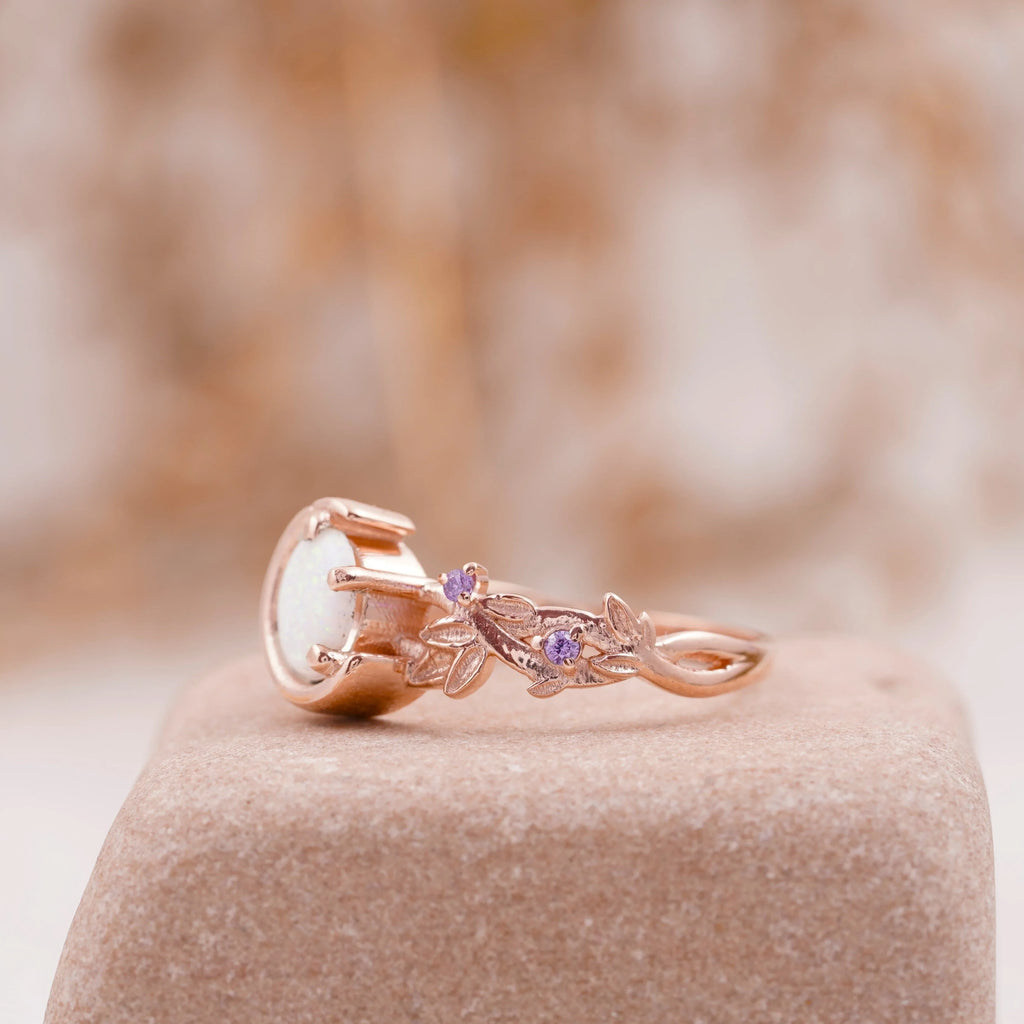 Moon Star Opal Engagement Ring with Amethyst Band - Gigiscc