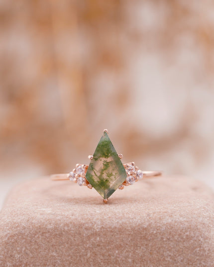 Kite Shaped Moss Agate Engagement Ring