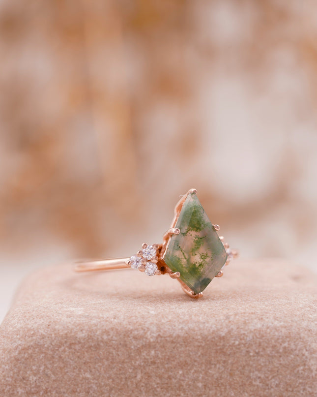 Kite Shaped Moss Agate Engagement Ring