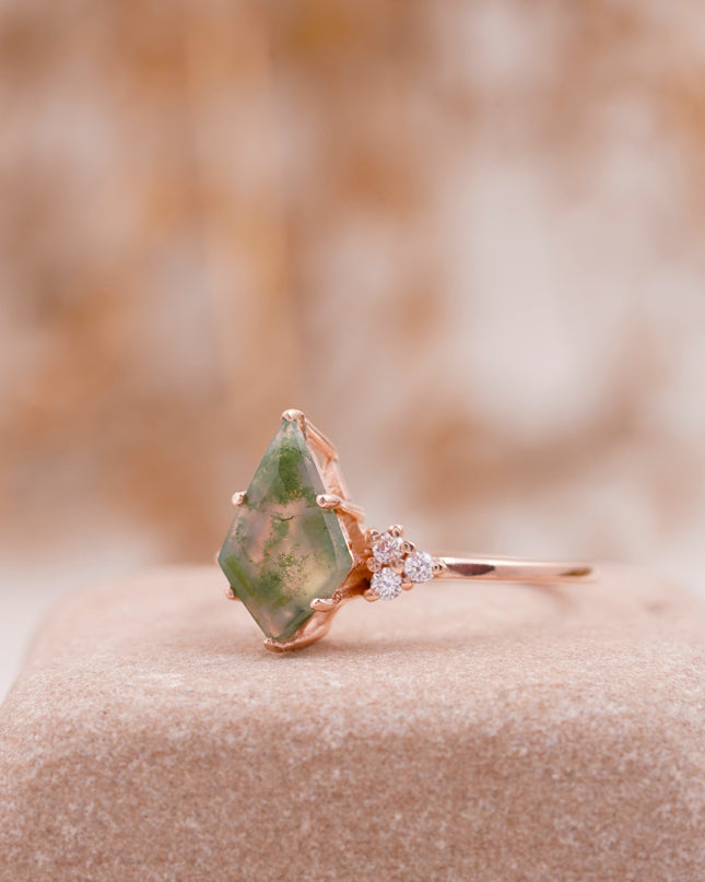 Kite Shaped Moss Agate Engagement Ring