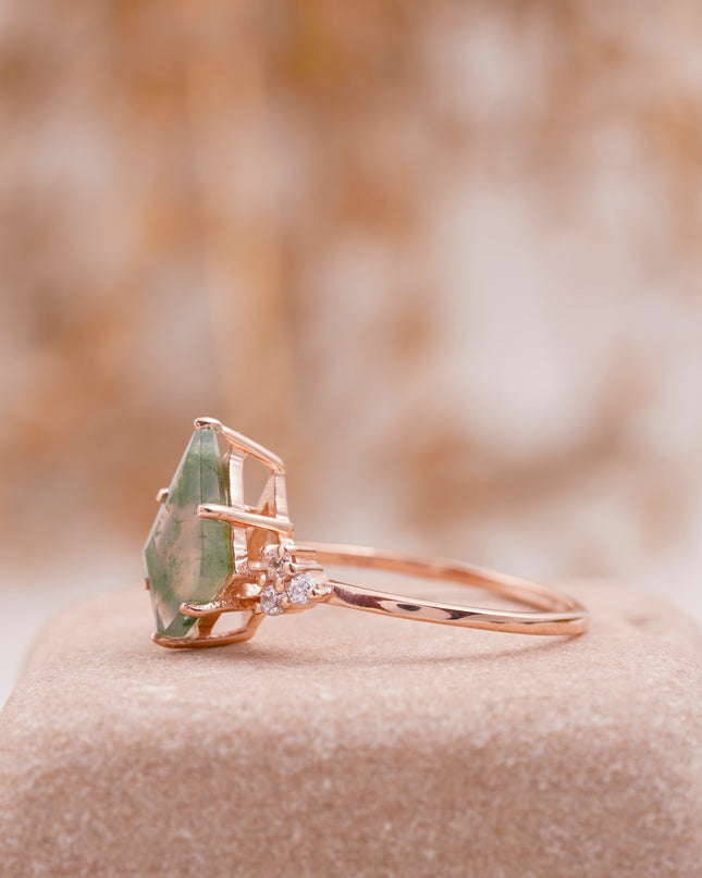 Kite Shaped Moss Agate Engagement Ring